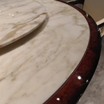 Round Marble Dining Table with smooth Lazy Susan and Button-Tufted Leather Pedestal